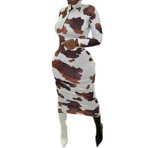 NEW White & brown Til The Cows Come High Neck Quarter Zip Midi Dress